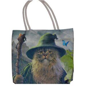 New Cat Wizard Medieval Jute Bag Large Tote Shoulder Shopping Magic Kitten NIP
